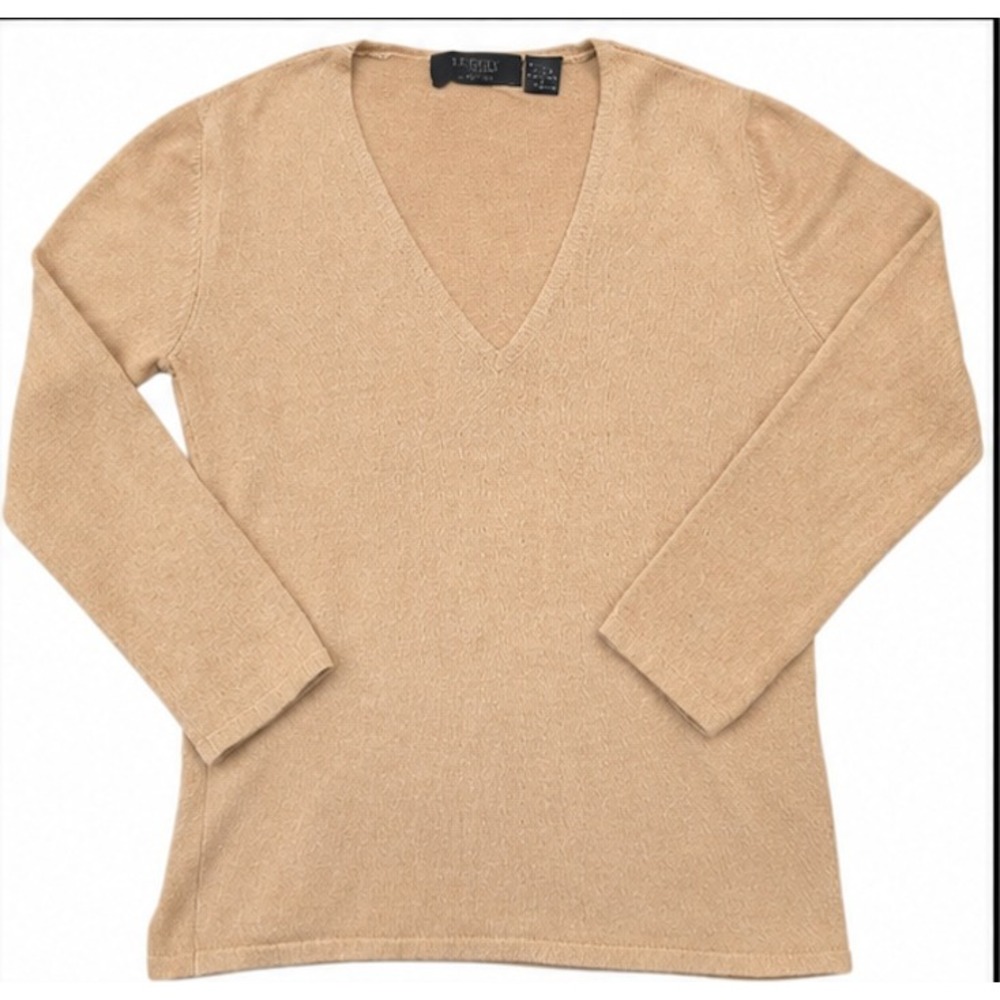 Vintage Express World Brand Silk Blend V Neck Sweater Camel 90s Minimalist L